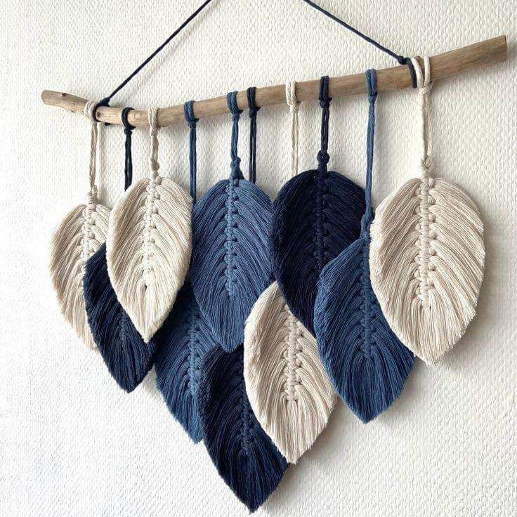 Boho Macramé Leaf Wall Hanging – Blue &amp; Ivory