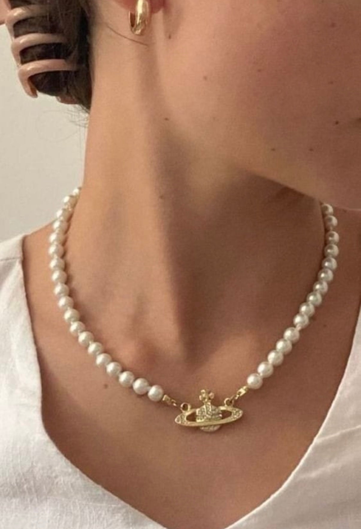 Gold Pearl Saturn Necklace