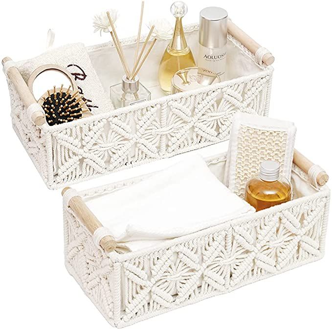 Handwoven Macramé Storage Baskets – Set of 2 - Beige
